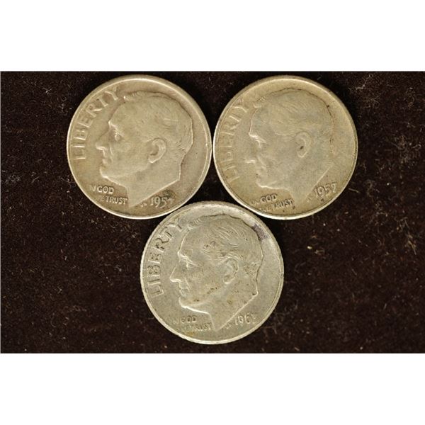3 SILVER ROOSEVELT DIMES: 1957-P & D AND 1963-P