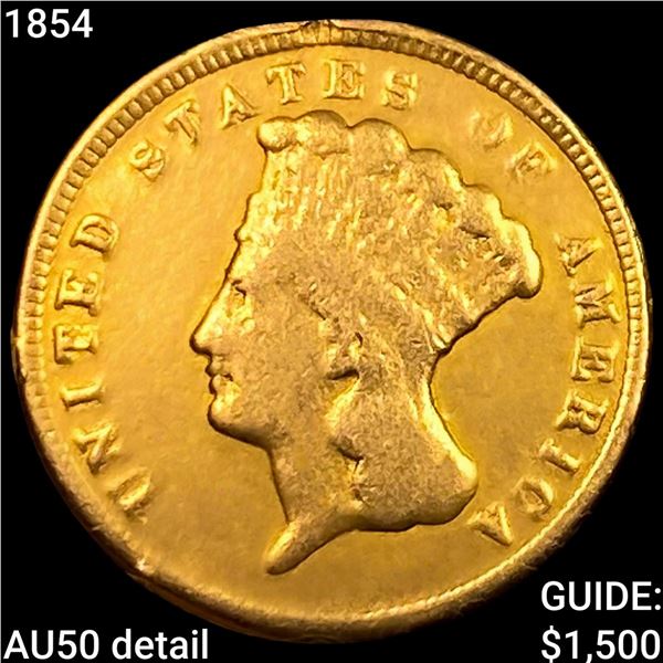 1854 $3 Gold Piece CLOSELY UNCIRCULATED