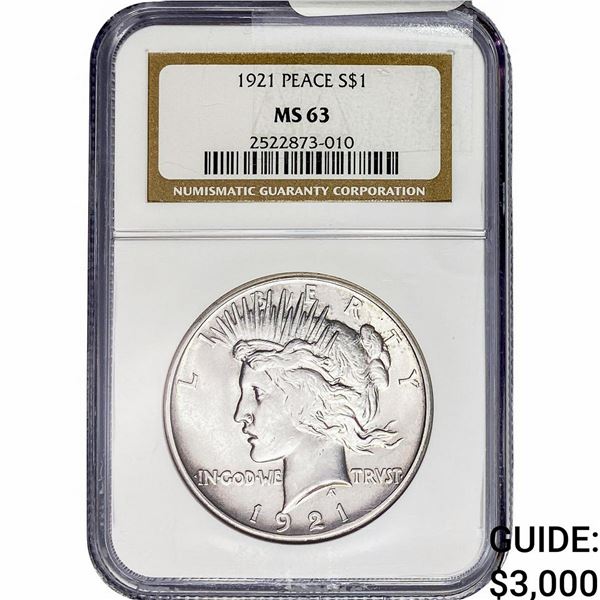 1921 Silver Peace Dollar NGC MS63