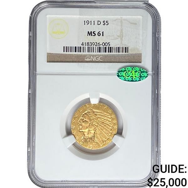 1911-D CAC $5 Gold Half Eagle NGC MS61