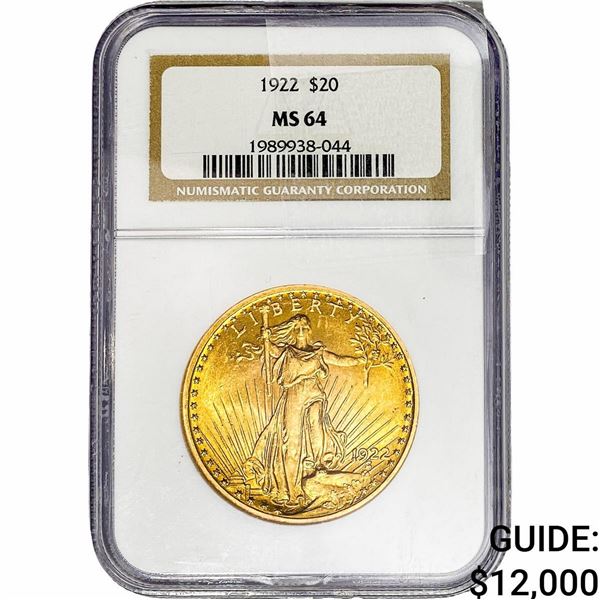 1922 $20 Gold Double Eagle NGC MS64