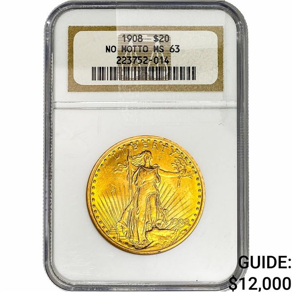 1908 $20 Gold Double Eagle NGC MS63 No Motto