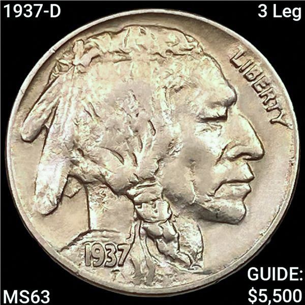 1937-D 3 Leg Buffalo Nickel CHOICE BU