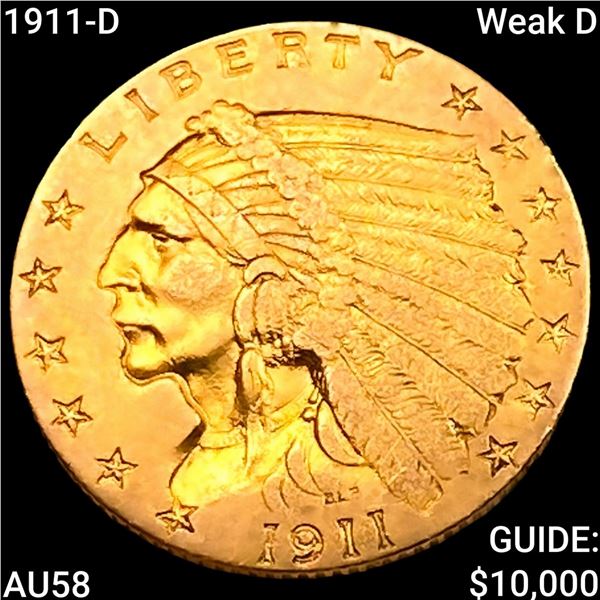 1911-D Weak D $2.50 Gold Quarter Eagle CHOICE AU