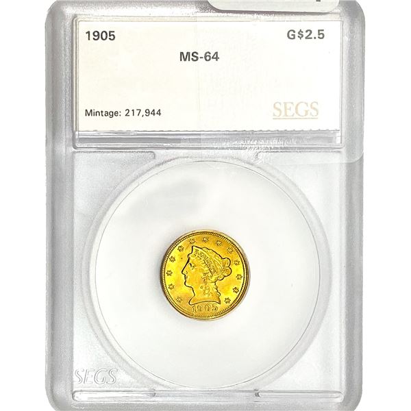 1905 $2.50 Gold Quarter Eagle SEGS MS64