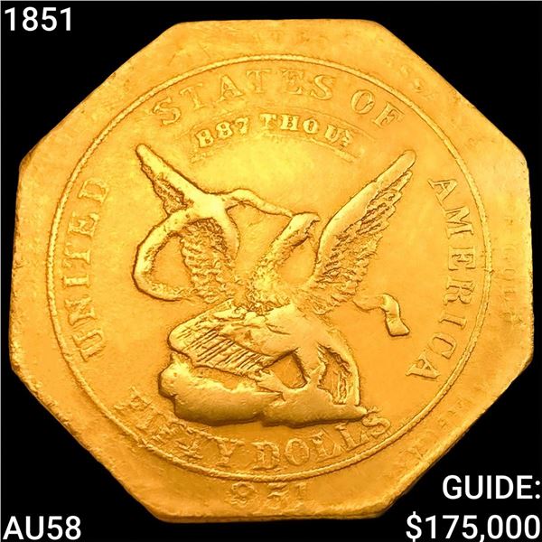 1851 A. Humbert $50 Gold "887" Reeded CHOICE AU