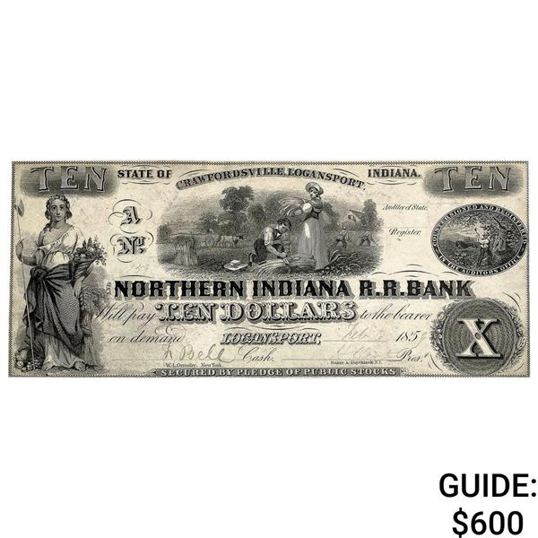 1859 $10 Northern Indiana R.R.C. Note
