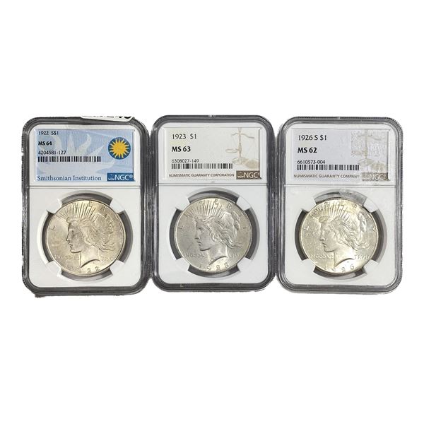 [3 Coins] 1922-1926 Silver Peace Dollar MS62-64