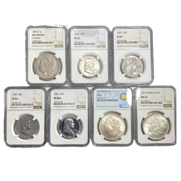 [7 Coins]1890-1921 U.S. Silver Dollar&Half Dollar Lot