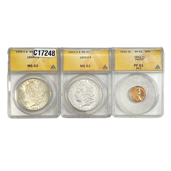 [3 Coins] 1898-1942 U.S. Cent&Silver Dollar Lot