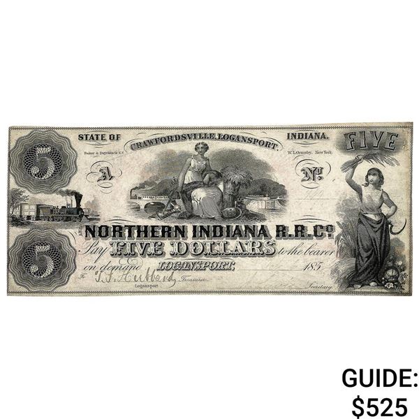 1854 $5 Northern Indiana R.R.C. Note