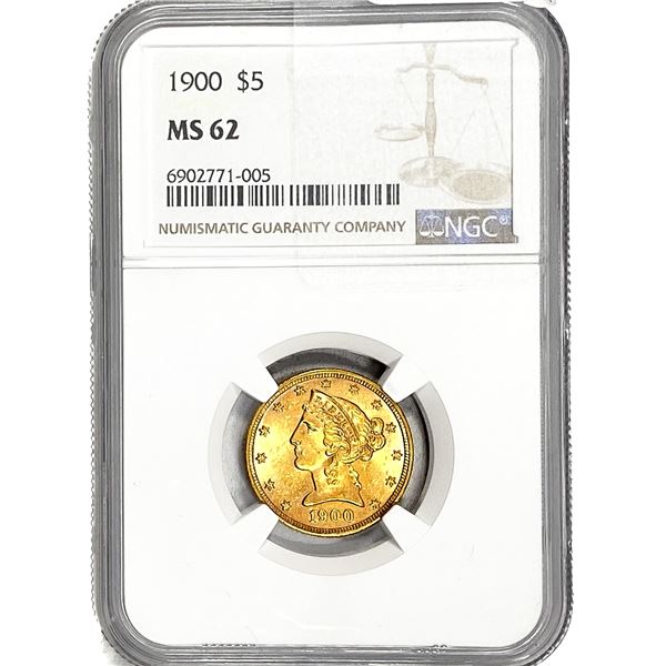 1900 $5 Gold Half Eagle NGC MS62