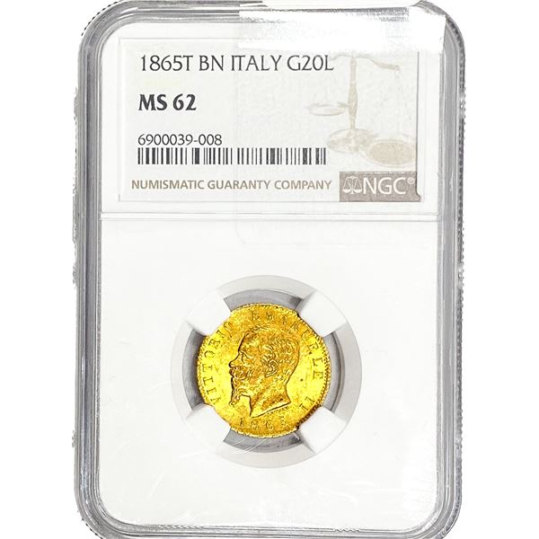 1865T BN Italy Gold 20L NGC MS62