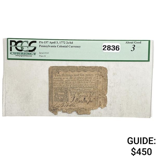 1772 2s/6d Penn. Colonial Currency PCGS AG 3
