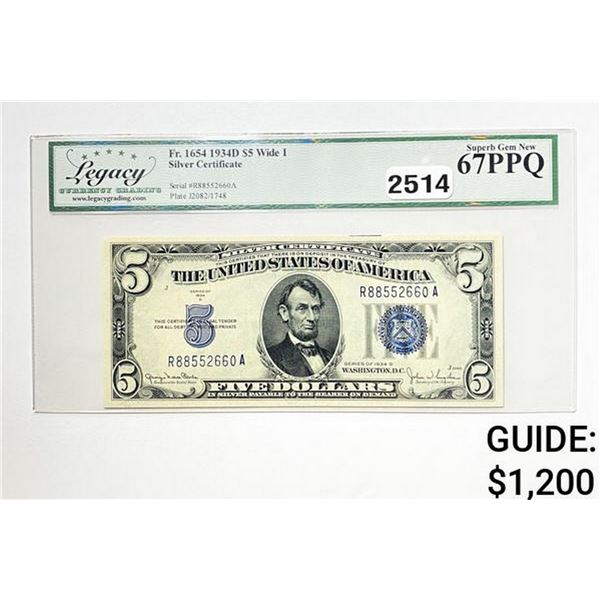 1934D $5 U.S. SIlver Certificate-Wide I LCG 67 PPQ
