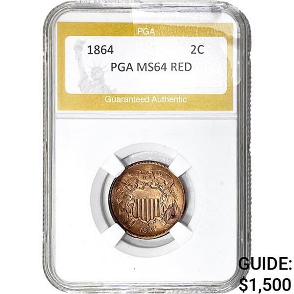1864 Two Cent Piece PGA MS64 RED