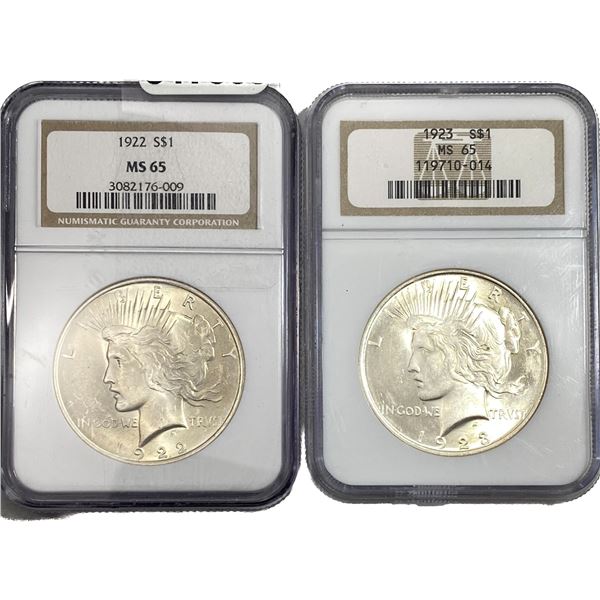 [2 Coins] 1922-1923 Silver Peace Dollar NGC MS65