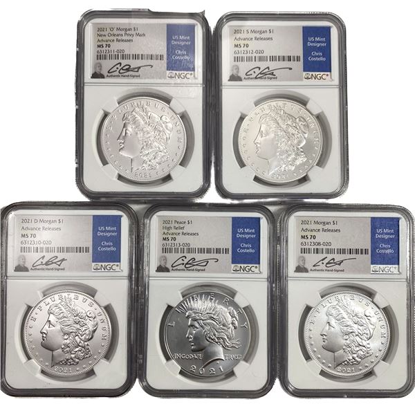 [5 Coins] 2021 Peace $1 & Morgan $1s NGC MS70