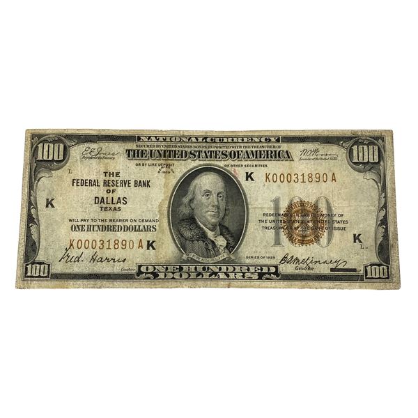 1929 $100 Reserve Bank of Dallas