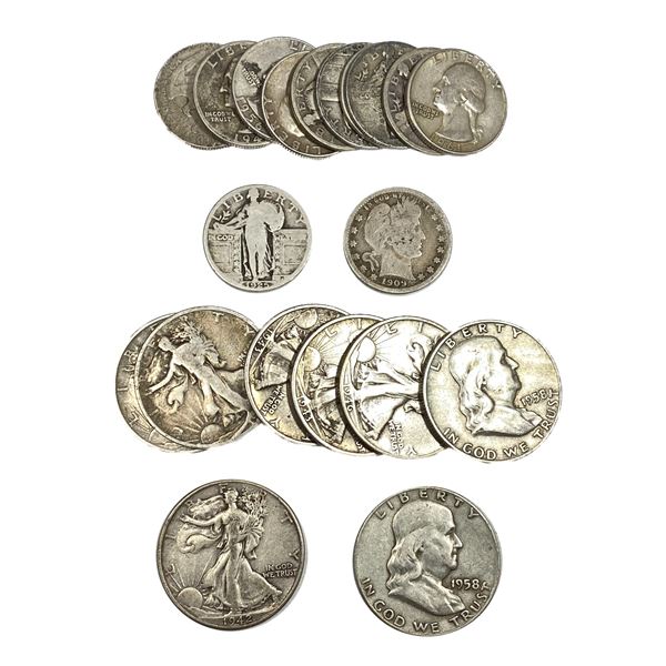 [19 Coins] 25C Wash., Bar. & Stand. Lib., 50C Walk. Lib. & Frank.