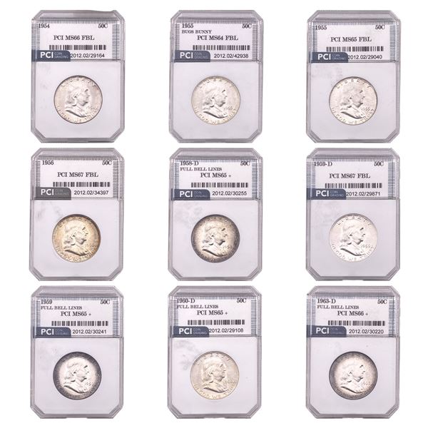 [9 Coins] 1954-1963 Franklin Half Dollar PCI MS64-66 FBL