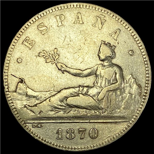 1870 Spain Silver 5 Pesetas NEARLY UNCIRCULATED