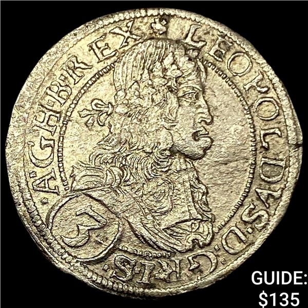 1655-1705 Hungary Leopold Silver 3 Kreuzer CLOSELY UNCIRCULATED