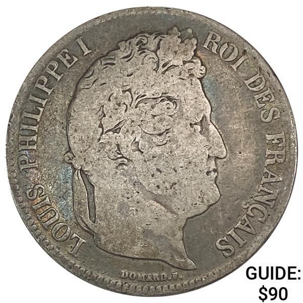 1834B France Silver 5 Francs ABOUT UNCIRCULATED