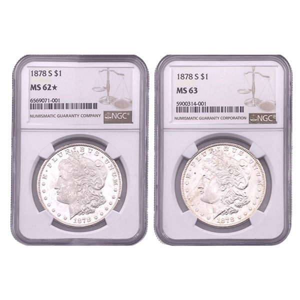 [2 Coins] 1878-S Morgan Silver Dollar NGC MS62-63
