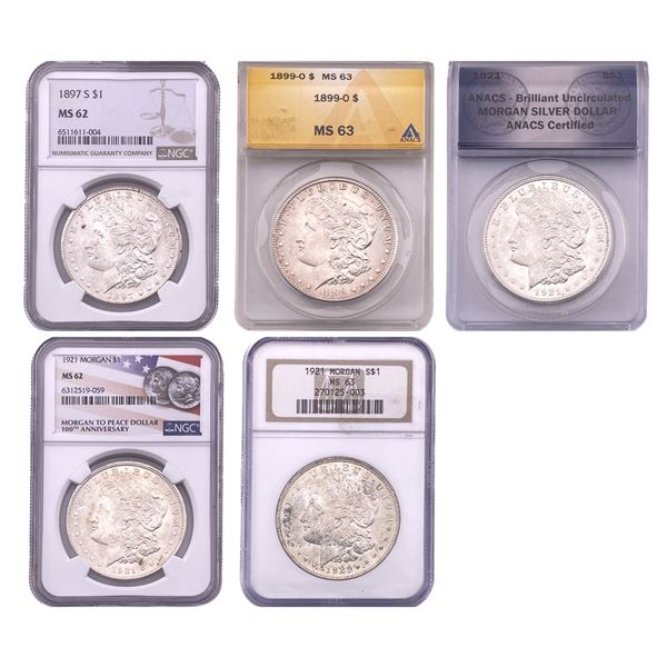 [5 Coins] 1897-1921 Morgan Silver Dollar NGC/ANACS MS62-63