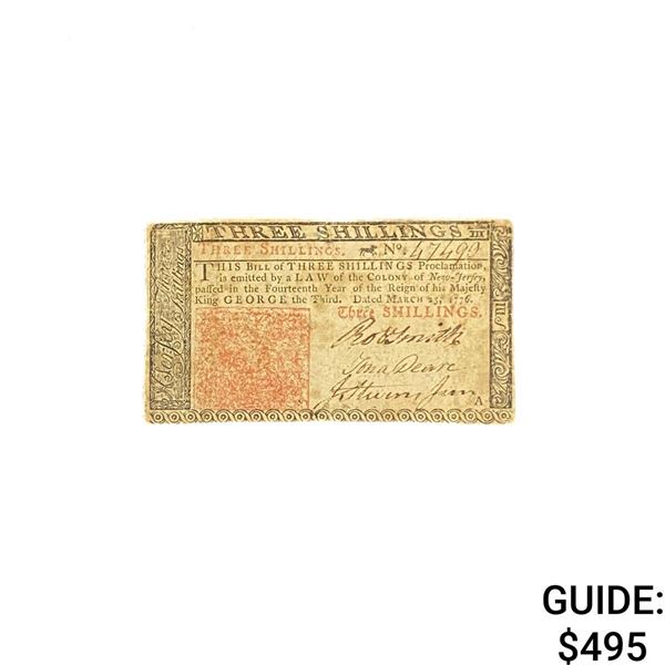1776 New Jersey Note, March 25th 3 Shillings 7