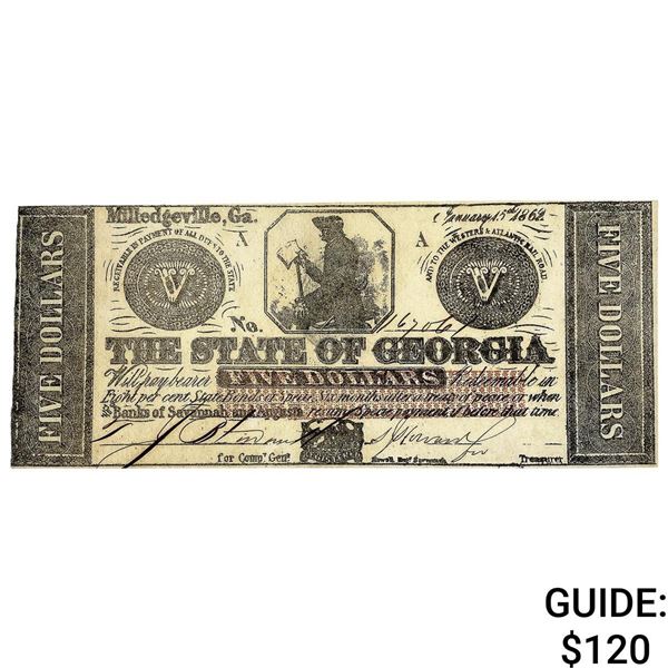 1862 $5 State of Georgia Note-Milledgeville