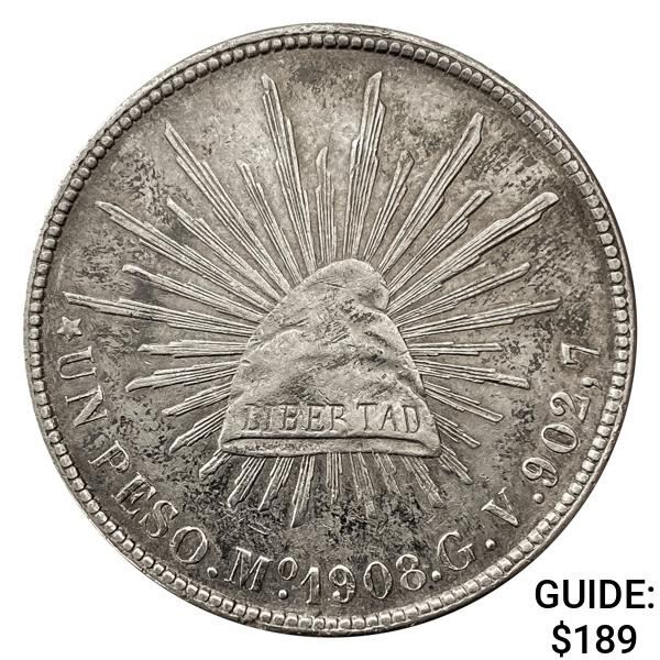 1908Mo GV Mexico Silver Peso CHOICE AU