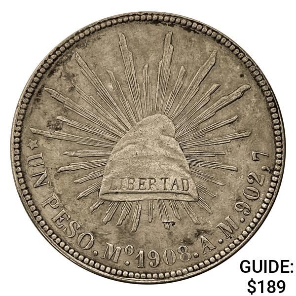 1908Mo AM Mexico Silver Peso CHOICE AU