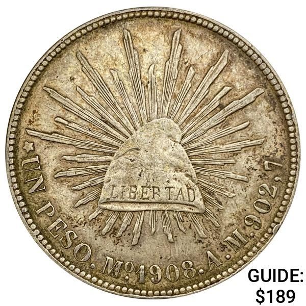 1908Mo AM Mexico Silver Peso CHOICE AU