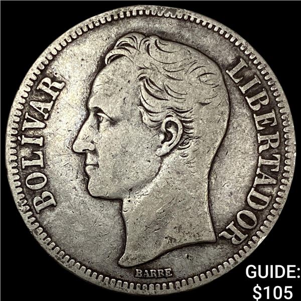 1921 Venezuela Silver 5 Boulares NEARLY UNCIRCULATED