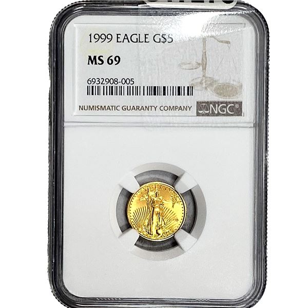 1999 $5 Gold Half Eagle NGC MS69 1/10oz Gold