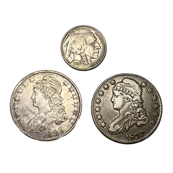 [3 Coins] 1826-1937 Buffalo Nickel & Capped Bust Half Dollars