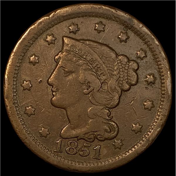 1851 Braided Hair Large Cent LIGHTLY CIRCULATED