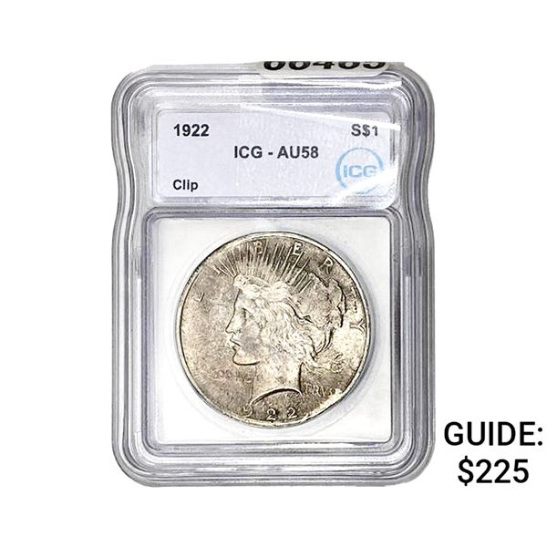 1922 Silver Peace Dollar ICG AU58 Clip
