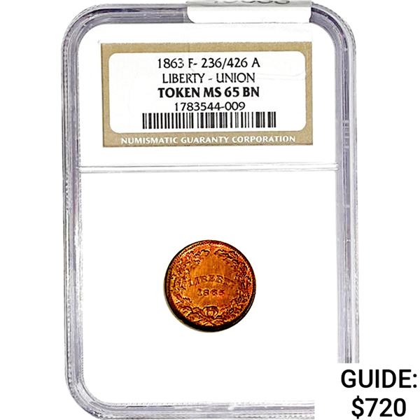 1863 Liberty Union Token NGC MS65 BN F-236/426a