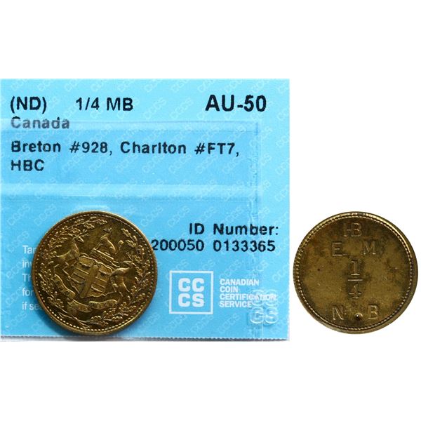 Hudson's Bay; FT-7, Breton #928, CCCS About Uncirculated-50 Eastmain 1/4 Made Beaver w/Punch Mark, M