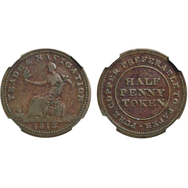 NS-19B1, Breton 963 - 1813 Trade & Navigation 1/2P Token, Plain NGC Extra Fine-40. Extremely Rare an