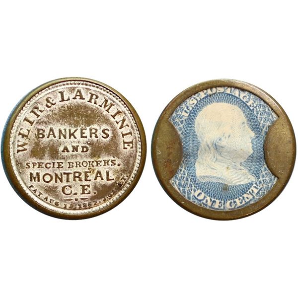 Encased Token; Br;#568 - Lr# 598 - Canada - United States. Weir & Larminie. Encased Postage 1 Cent, 
