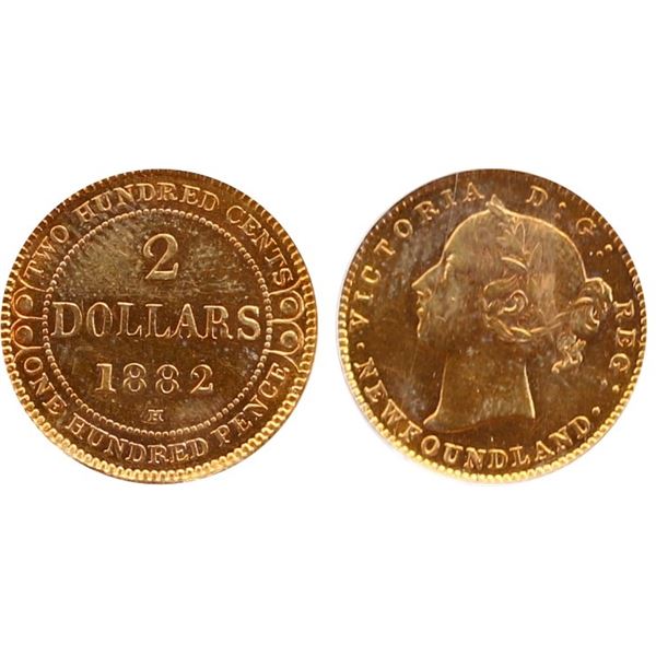 Nfld; 1882H $2 Gold PCGS Choice About Uncirculated-55. Attractive deep yellow tints.