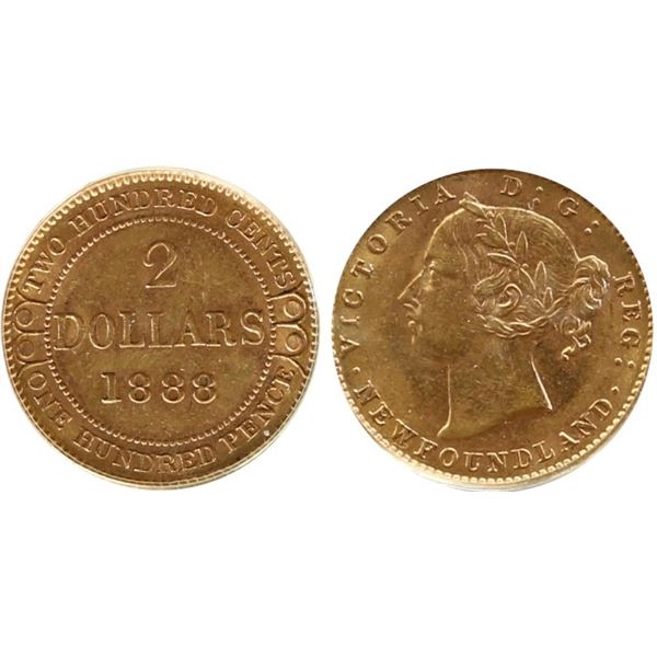 Nfld; 1888 $2 Gold Obv 3, CCCS About Uncirculated-50. Well defined example.