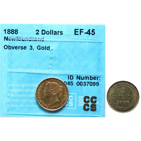 Nfld; 1888 $2 Gold Obv 3, CCCS Choice Extra Fine-45. Well defined example.