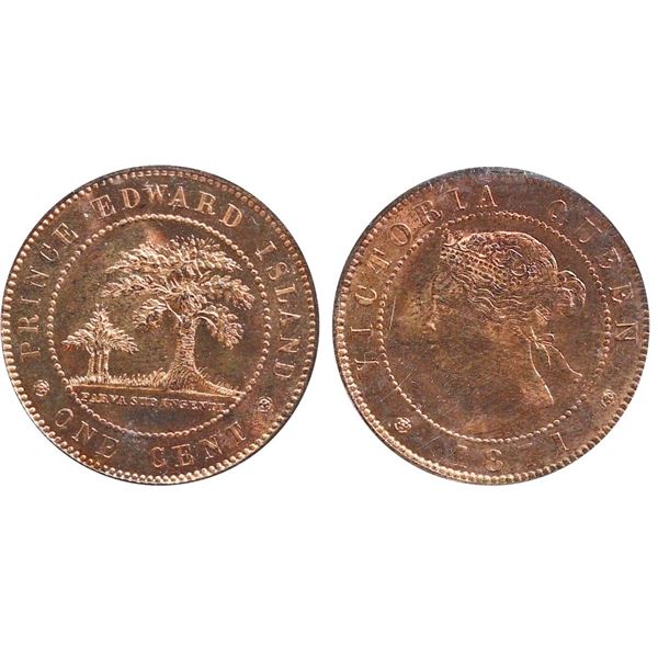 PEI; 1871 1¢ "Coinage" ICCS Superb Gem Mint State-66 Red. 90% Red Lustre.