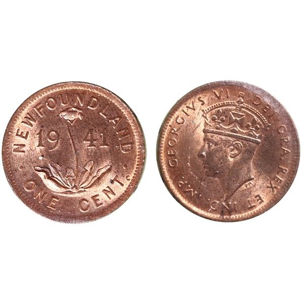 Nfld; 1941-C 1¢ ICCS Gem Mint State-65 Red.  90% red surrounded by strong lustrous fields. Very scar