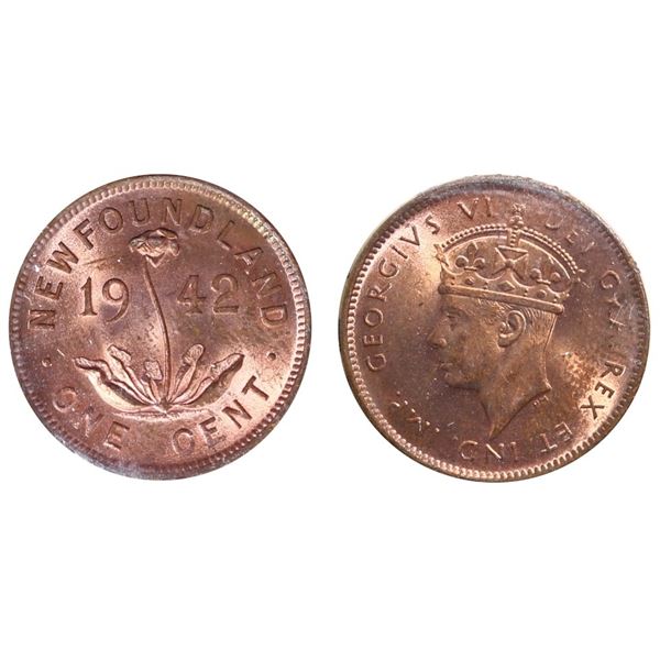 Nfld; 1942 1¢ ICCS Gem Mint State-65 Red.  Very scarce and not often seen in top condition.